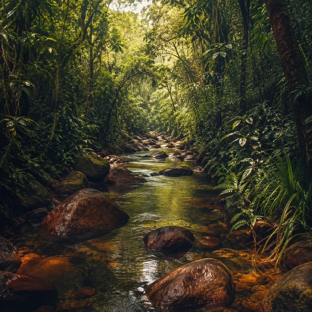 Cachoeira caindo entre rochas escuras e vegetação densa