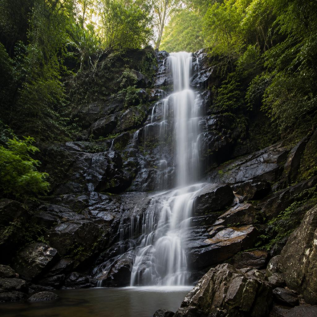 Cachoeira caindo entre rochas escuras e vegetação densa