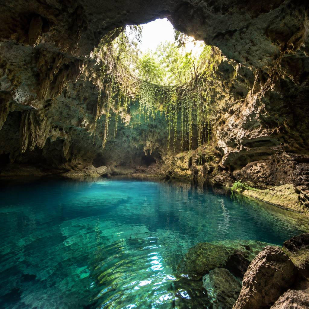 Interior de caverna com lago azul-turquesa iluminado por luz natural