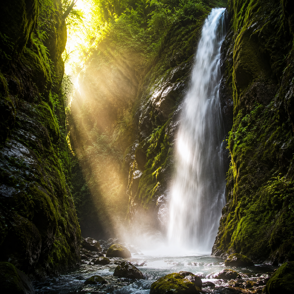Cachoeira escondida em um desfiladeiro verde