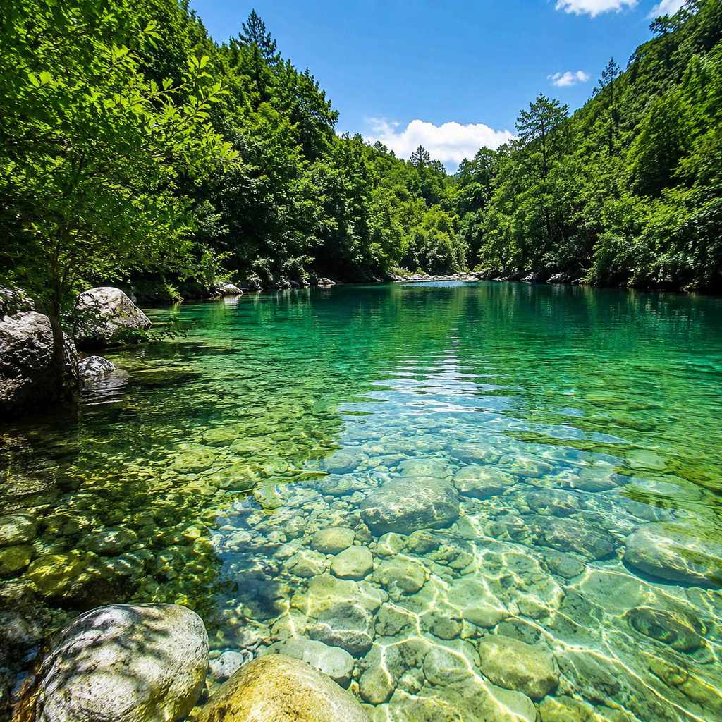 Lago de água cristalina com fundo visível e pedras claras