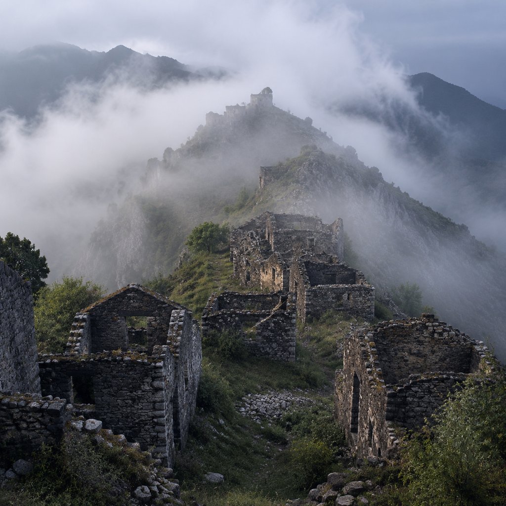 Vila de pedra abandonada no alto da montanha com casas sem telhado